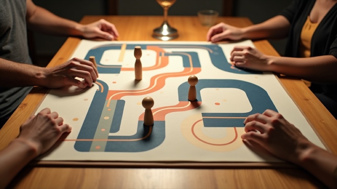 Four people playing a personalised board game around a table