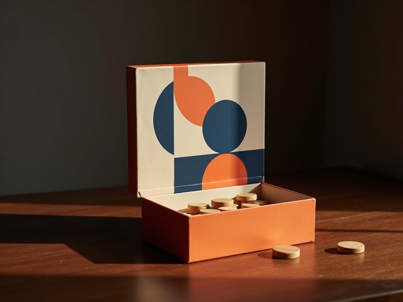 An open printed game box with wooden pieces inside